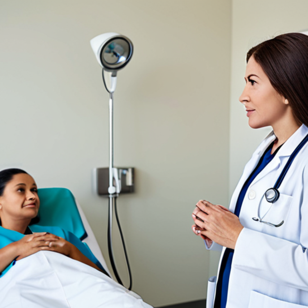 A compassionate female doctor, fully clothed in a modest white medical coat over professional scrubs, gently observing and conversing with a patient in a bright, clean examination room. The doctor has a kind and focused expression, demonstrating empathy and keen observation skills. The background features modern medical equipment subtly placed, contributing to a professional healthcare setting. The scene is well-lit, emphasizing professionalism and care. Perfect anatomy, correct proportions, natural pose, well-formed hands, proper finger count, natural body proportions, safe for work, appropriate content, professional, family-friendly.