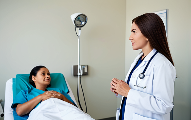 A compassionate female doctor, fully clothed in a modest white medical coat over professional scrubs, gently observing and conversing with a patient in a bright, clean examination room. The doctor has a kind and focused expression, demonstrating empathy and keen observation skills. The background features modern medical equipment subtly placed, contributing to a professional healthcare setting. The scene is well-lit, emphasizing professionalism and care. Perfect anatomy, correct proportions, natural pose, well-formed hands, proper finger count, natural body proportions, safe for work, appropriate content, professional, family-friendly.