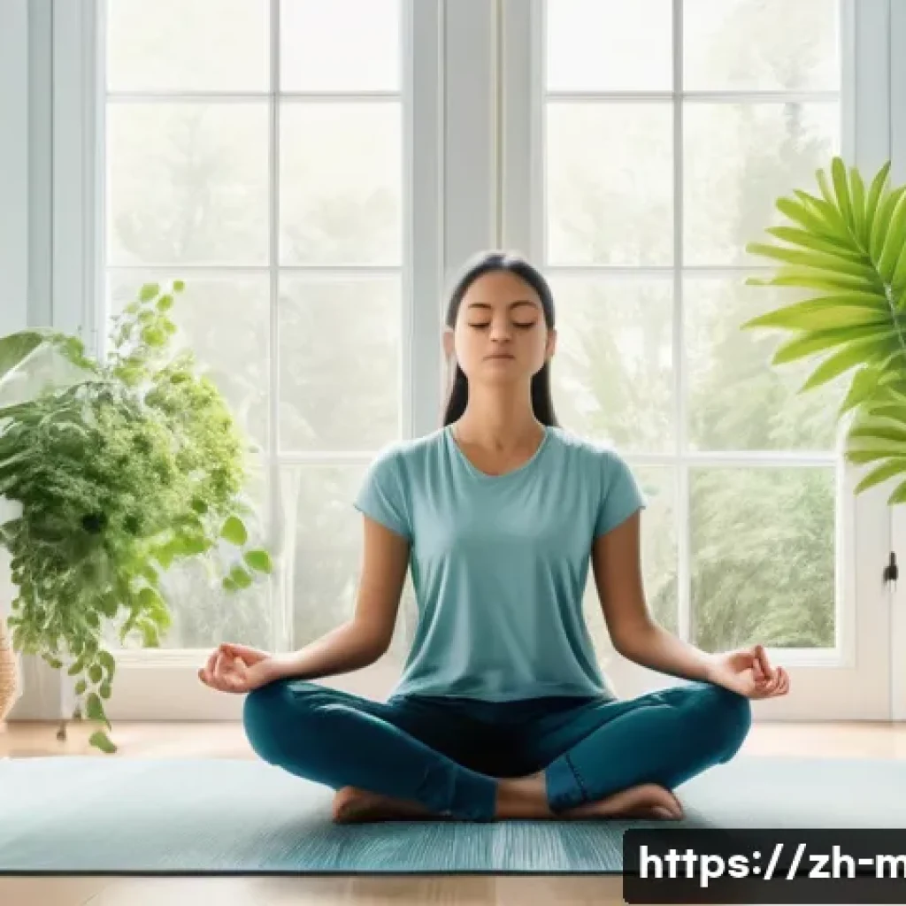 심리치료 기법 - A serene scene of a young adult practicing mindfulness meditation in a minimalist, modern room with ...
