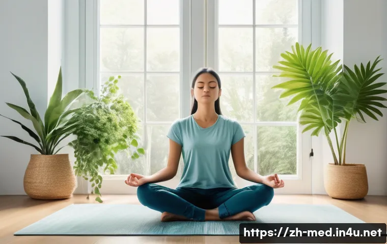 심리치료 기법 - A serene scene of a young adult practicing mindfulness meditation in a minimalist, modern room with ...
