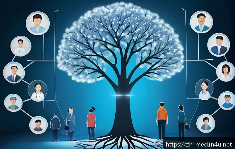 조현병 원인 분석 - A detailed scientific illustration showing a family tree with multiple generations, highlighting gen...