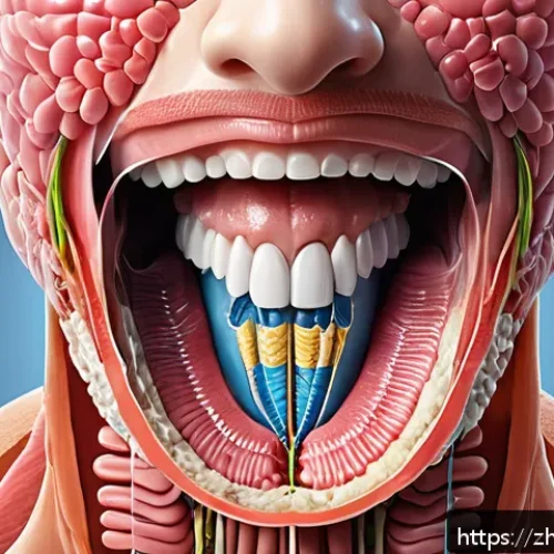 소화생리학 - A highly detailed cross-sectional illustration of the human digestive tract focusing on the oral cav...