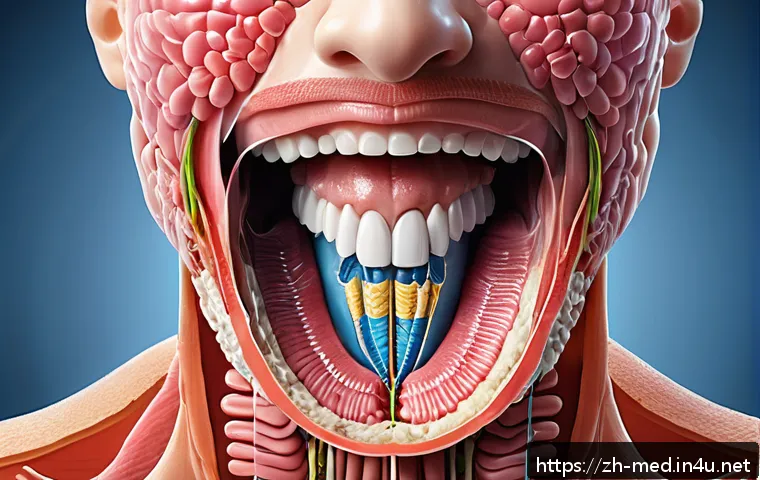 소화생리학 - A highly detailed cross-sectional illustration of the human digestive tract focusing on the oral cav...