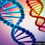분자생물학 원리 - A highly detailed scientific illustration of the DNA double helix structure, showcasing the twisting...