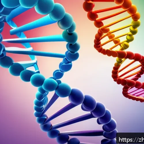 분자생물학 원리 - A highly detailed scientific illustration of the DNA double helix structure, showcasing the twisting...