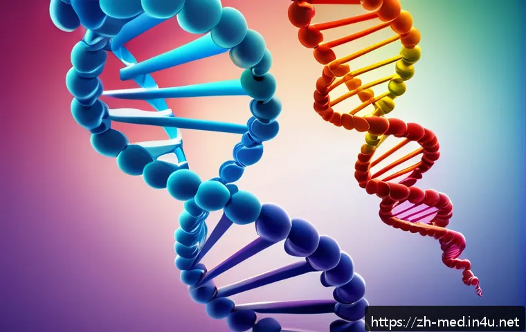 분자생물학 원리 - A highly detailed scientific illustration of the DNA double helix structure, showcasing the twisting...
