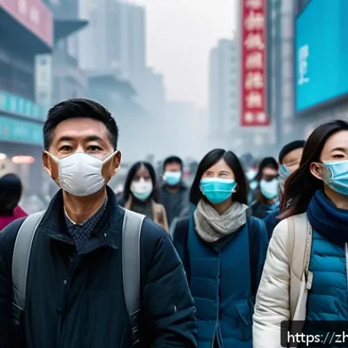 면역계 질환 - A detailed, modern urban scene showing diverse adults wearing stylish casual clothing and masks walk...