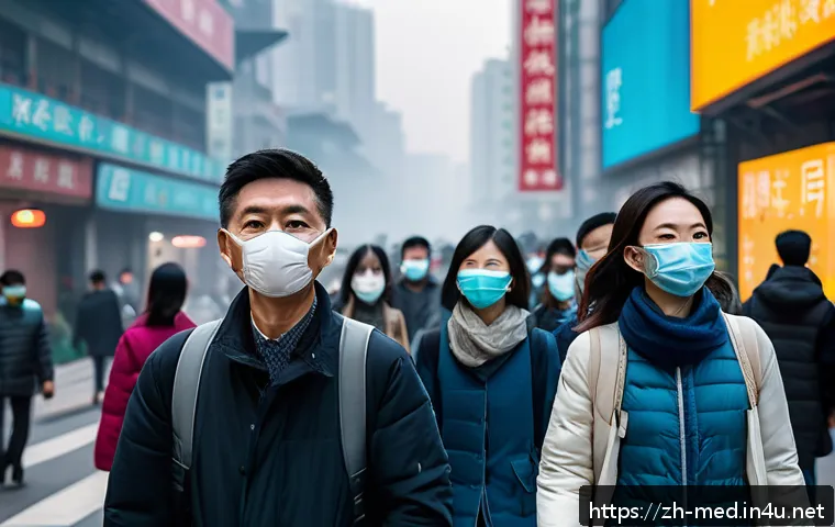 면역계 질환 - A detailed, modern urban scene showing diverse adults wearing stylish casual clothing and masks walk...