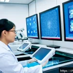 신약 개발 과정 - A high-tech pharmaceutical laboratory scene showing scientists in lab coats working with advanced hi...