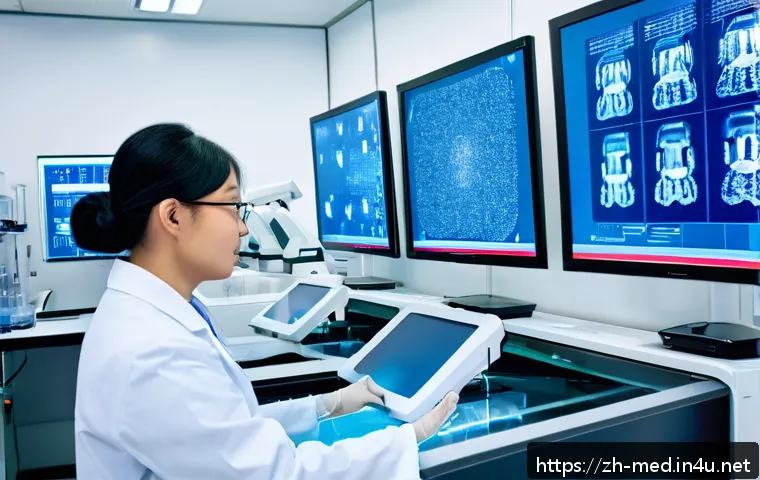 신약 개발 과정 - A high-tech pharmaceutical laboratory scene showing scientists in lab coats working with advanced hi...